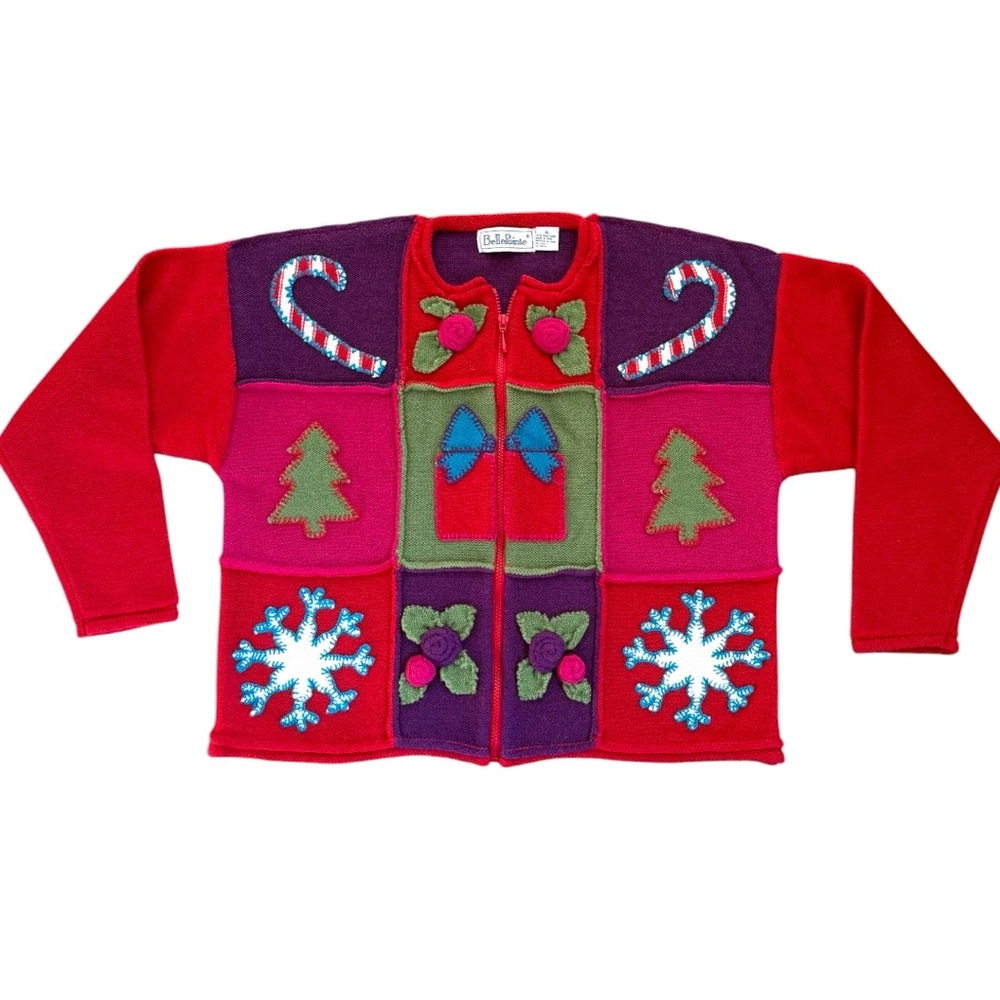 Vintage BellePointe Christmas Sweater Wool Red Front Zip Cardigan Size XL